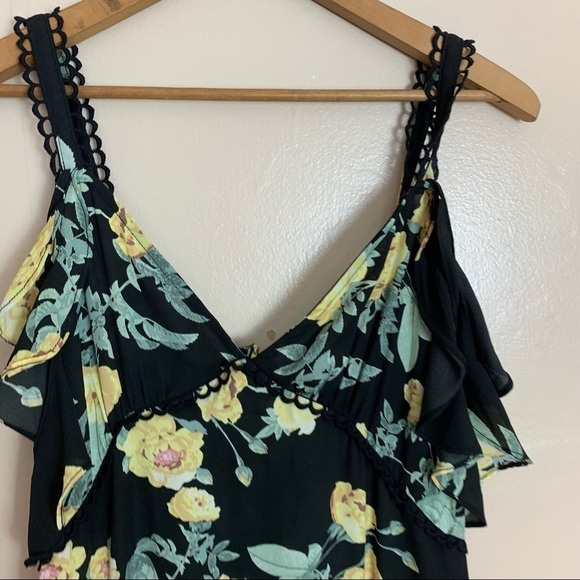 [JD Luxe] Black Yellow Floral Print Cold Shoulder Midi Dress - Picture 2 of 10